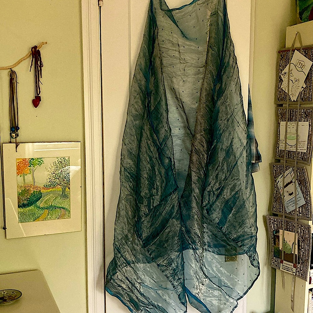 Luxury, long shimmering evening wrap, silk/metallic blend in teal w/gold sheen.